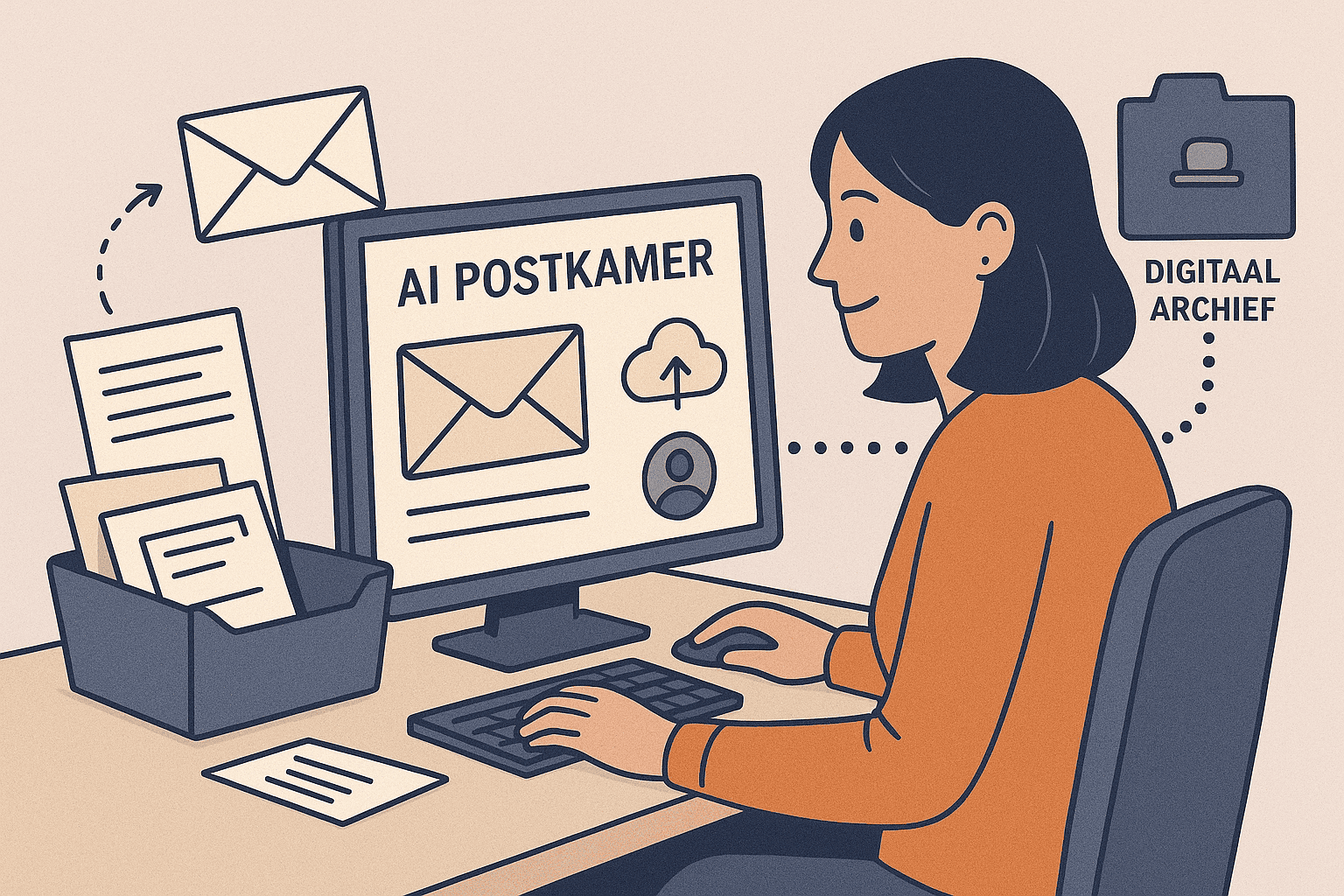 Vrouw achter computer gebruikt AI Postkamer oplossing