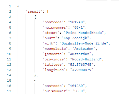 Postcode API resultaat